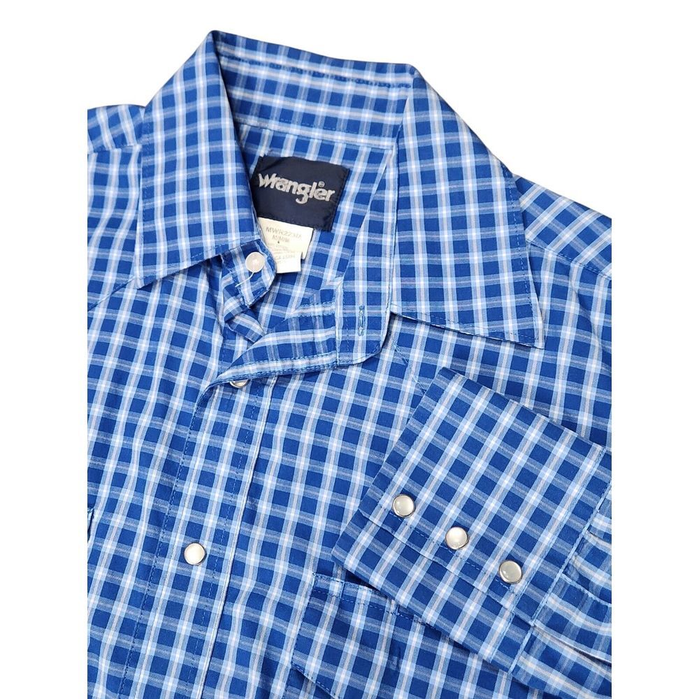 Wrangler Men's M‎ Western Pearl Snap Long Sleeve Plaid Check Shirt Blue White